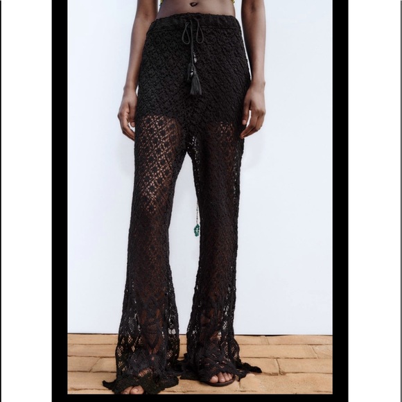 Zara crochet flared black knit pants beads and tassels - Picture 2 of 16
